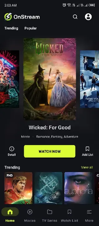 OnStream APK HD movies streaming screen for Android