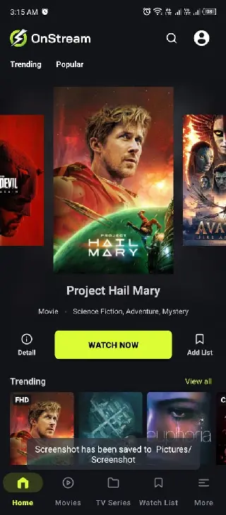 OnStream APK Android home screen with HD movies streaming