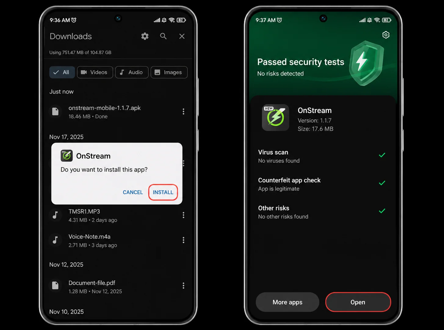 OnStream APK installation confirmation screen on Android